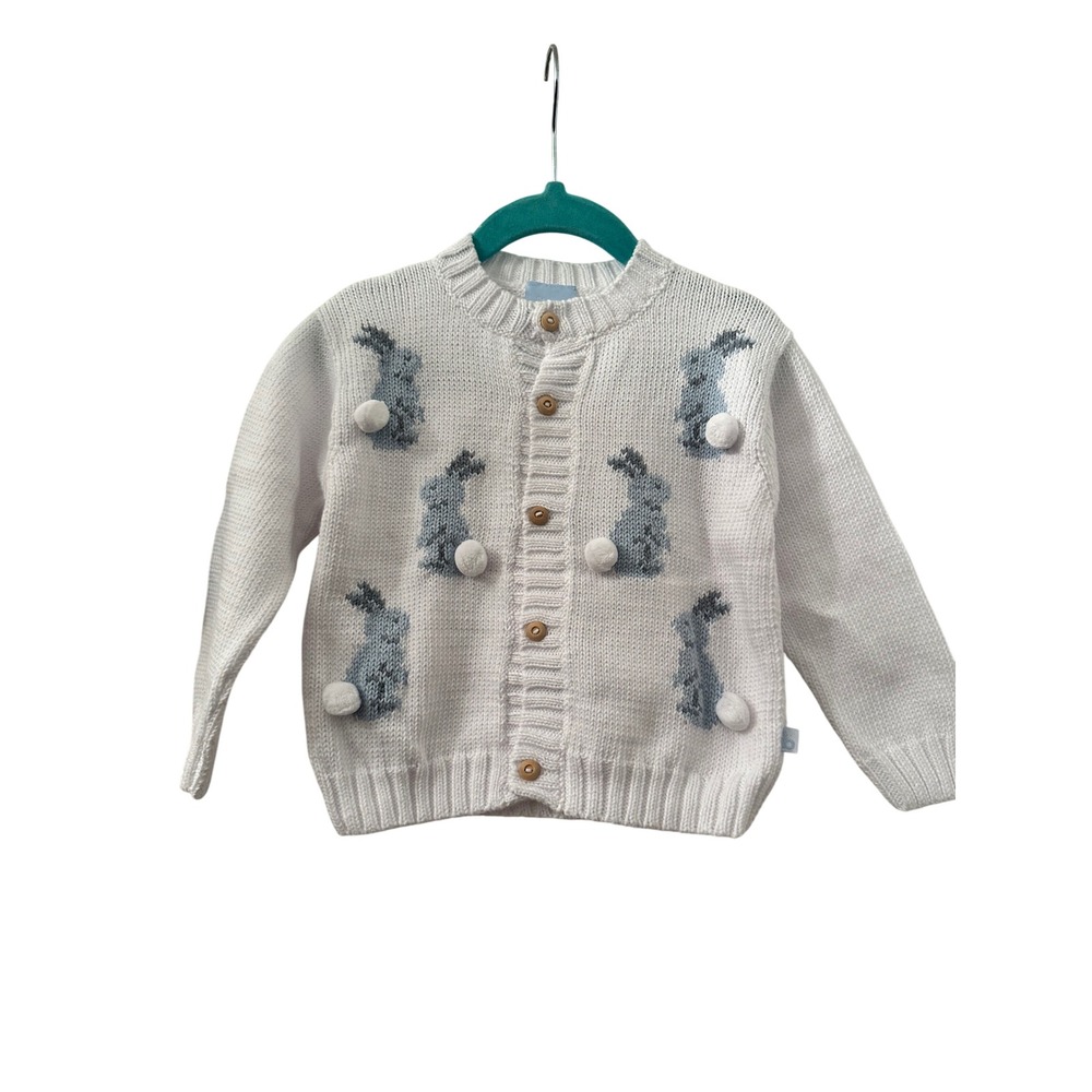 Bella Bliss Intarsia Lapin Cardigan Bunny Pom Pom Sweater Ivory Blue 18M Dapper